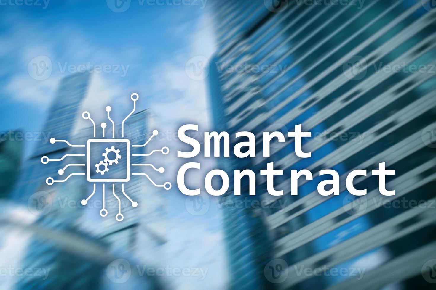 Smart contract, blockchain technology in business, finance hi-tech concept. Skyscrapers background. photo