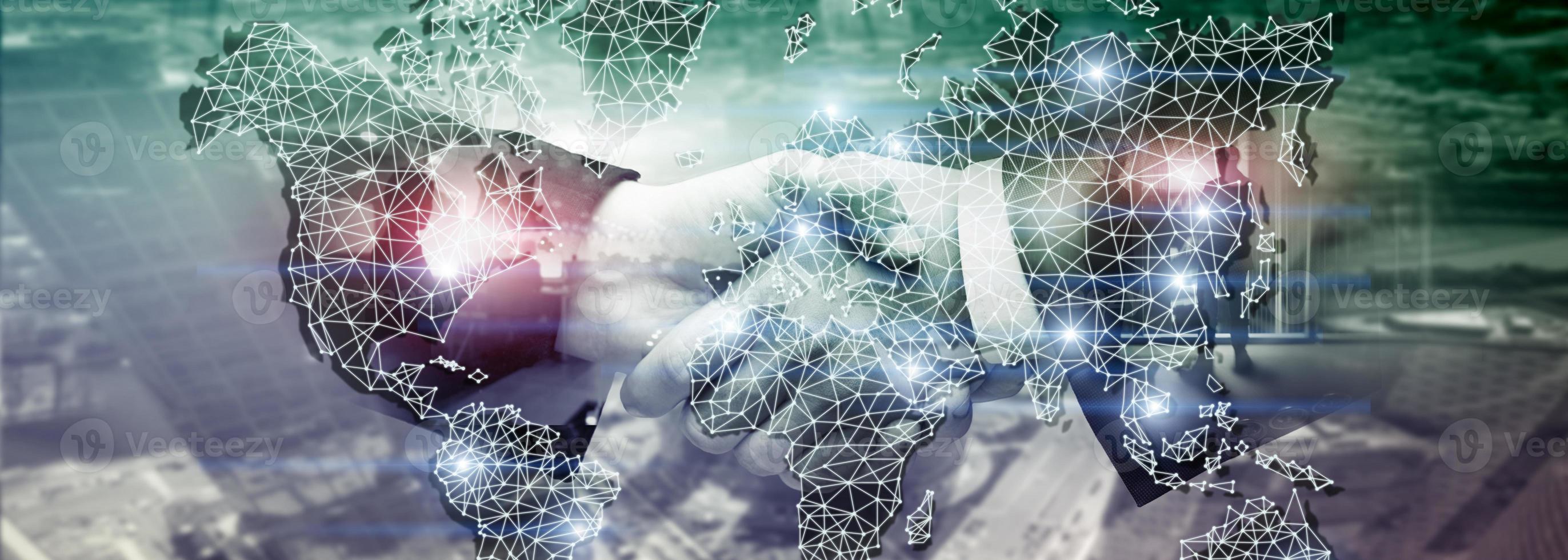 Global World Map Double Exposure Network. Telecommunication, International business Internet and technology concept. photo