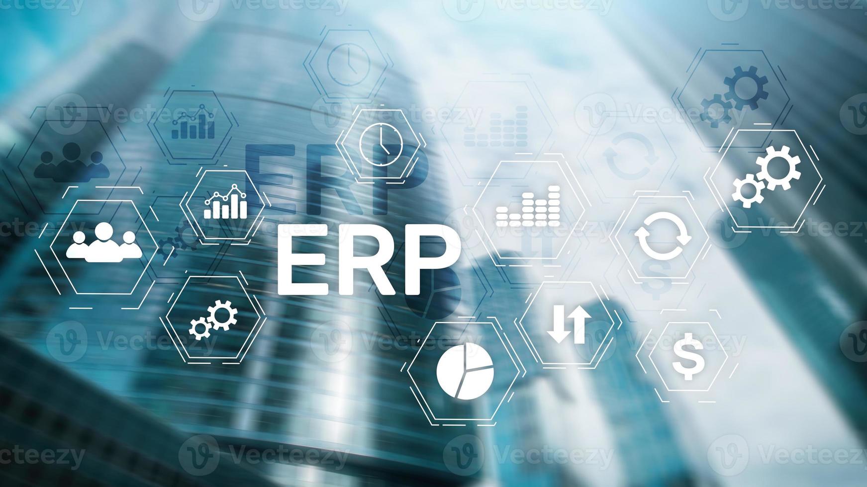 sistema erp, planificación de recursos empresariales sobre fondo borroso. concepto de innovación y automatización empresarial. foto