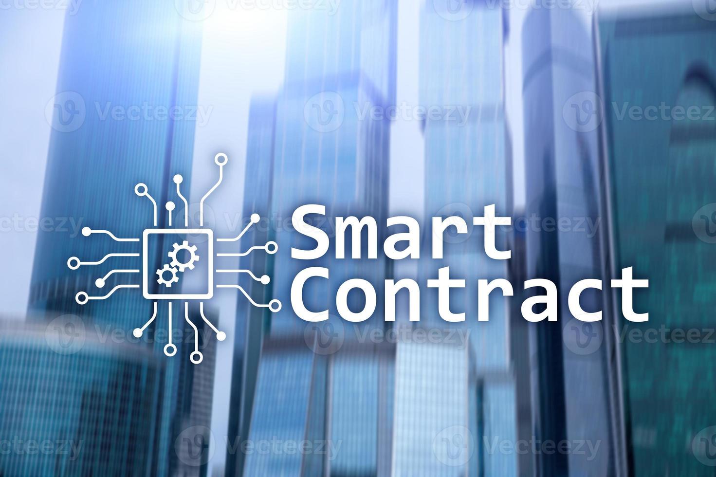 Smart contract, blockchain technology in business, finance hi-tech concept. Skyscrapers background. photo