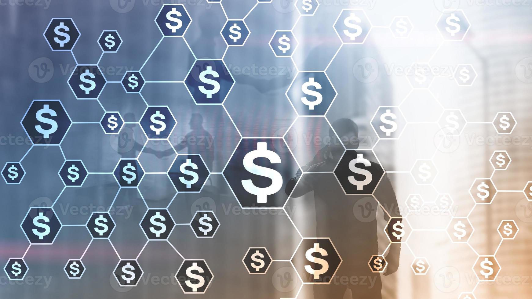 Dollars icons, money network structure. ICO, trading and investment. Crowdfunding. photo