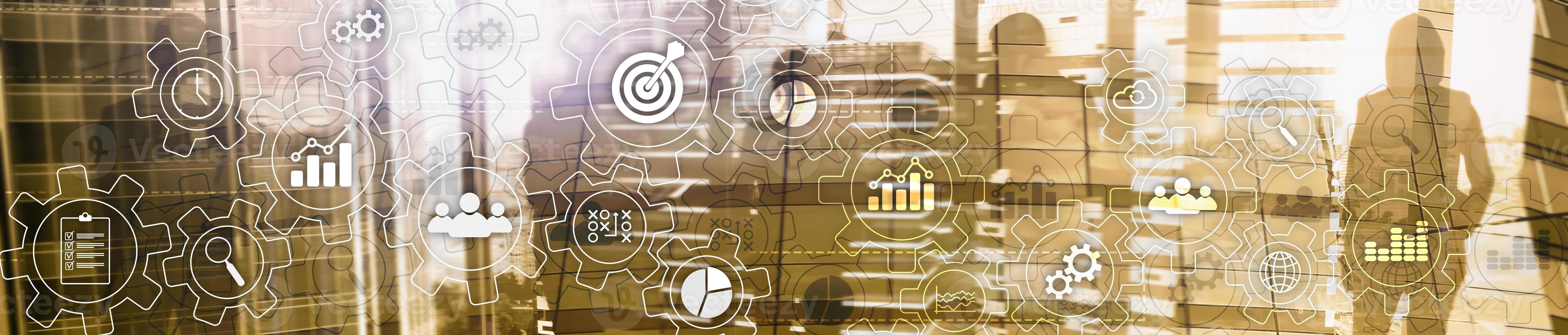 Business process abstract diagram with gears and icons. Workflow and automation technology concept. Website header banner. photo