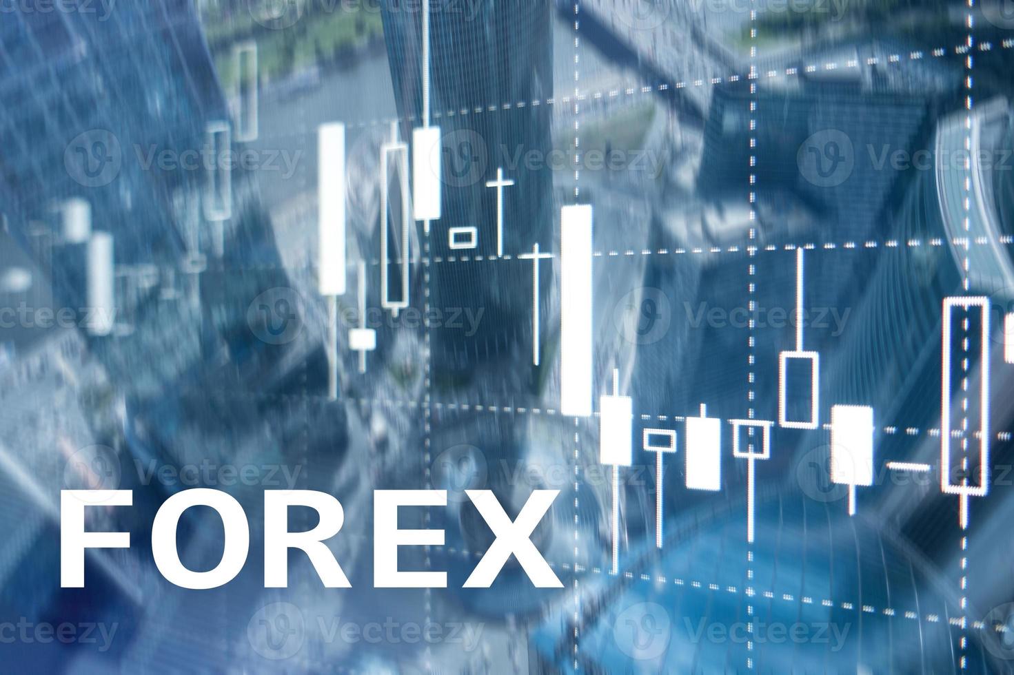 Forex trading, financial candle chart and graphs on blurred business center background. photo