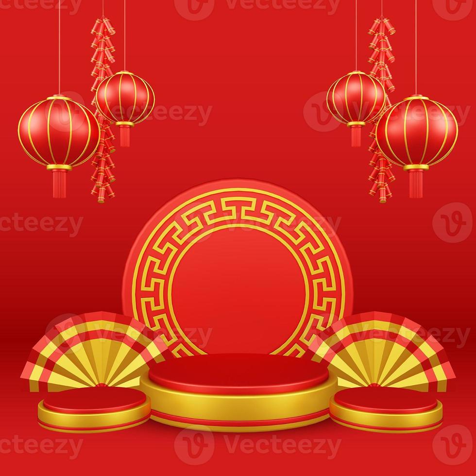 Chinese New Year 3D Illustration With Ornament For Event Promotion Social Media Landing Page chinese fan with rabbit and coins and asian paper lamps photo