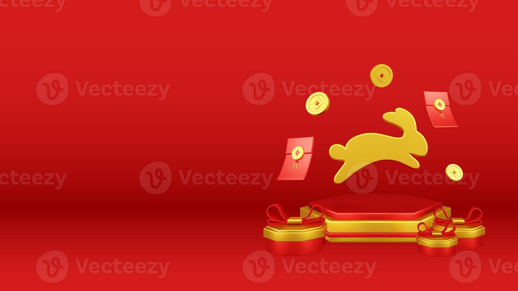 Chinese New Year 3D Illustration With Ornament For Event Promotion Social Media Landing Page with rabbit on the podium for chinese Decorations for the Chinese New Year photo