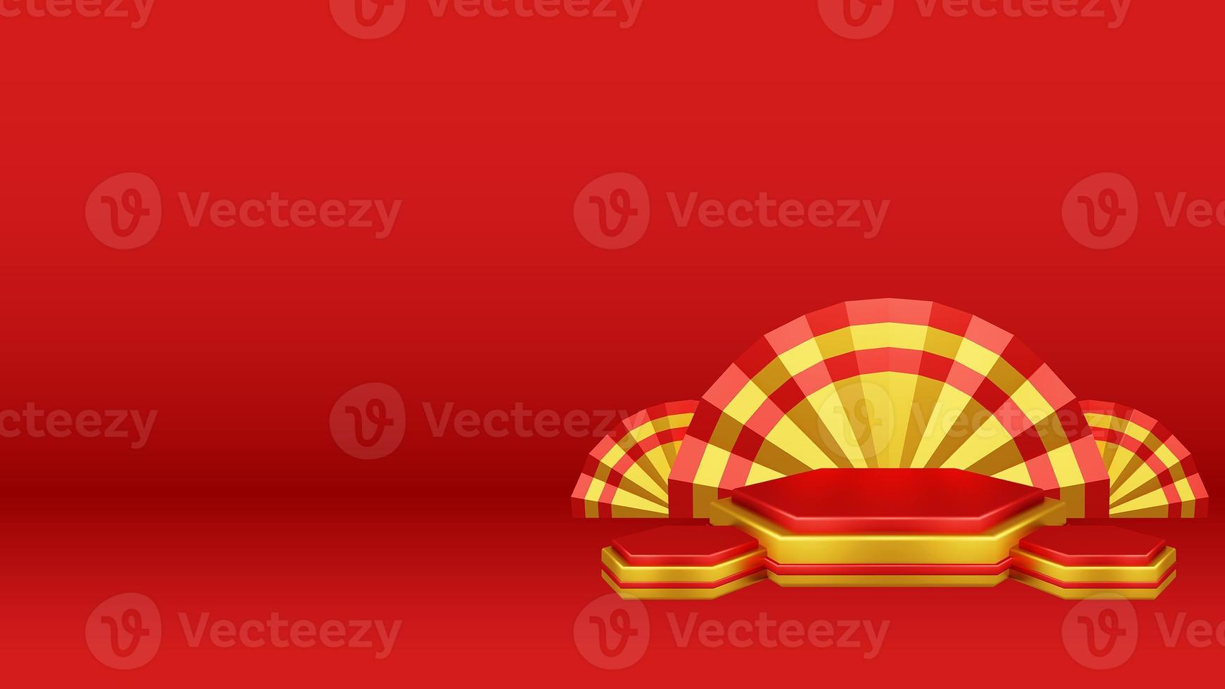 Chinese New Year 3D Illustration With Ornament For Event Promotion Social Media Landing Page chinese fan with rabbit and coins and asian paper lamps photo