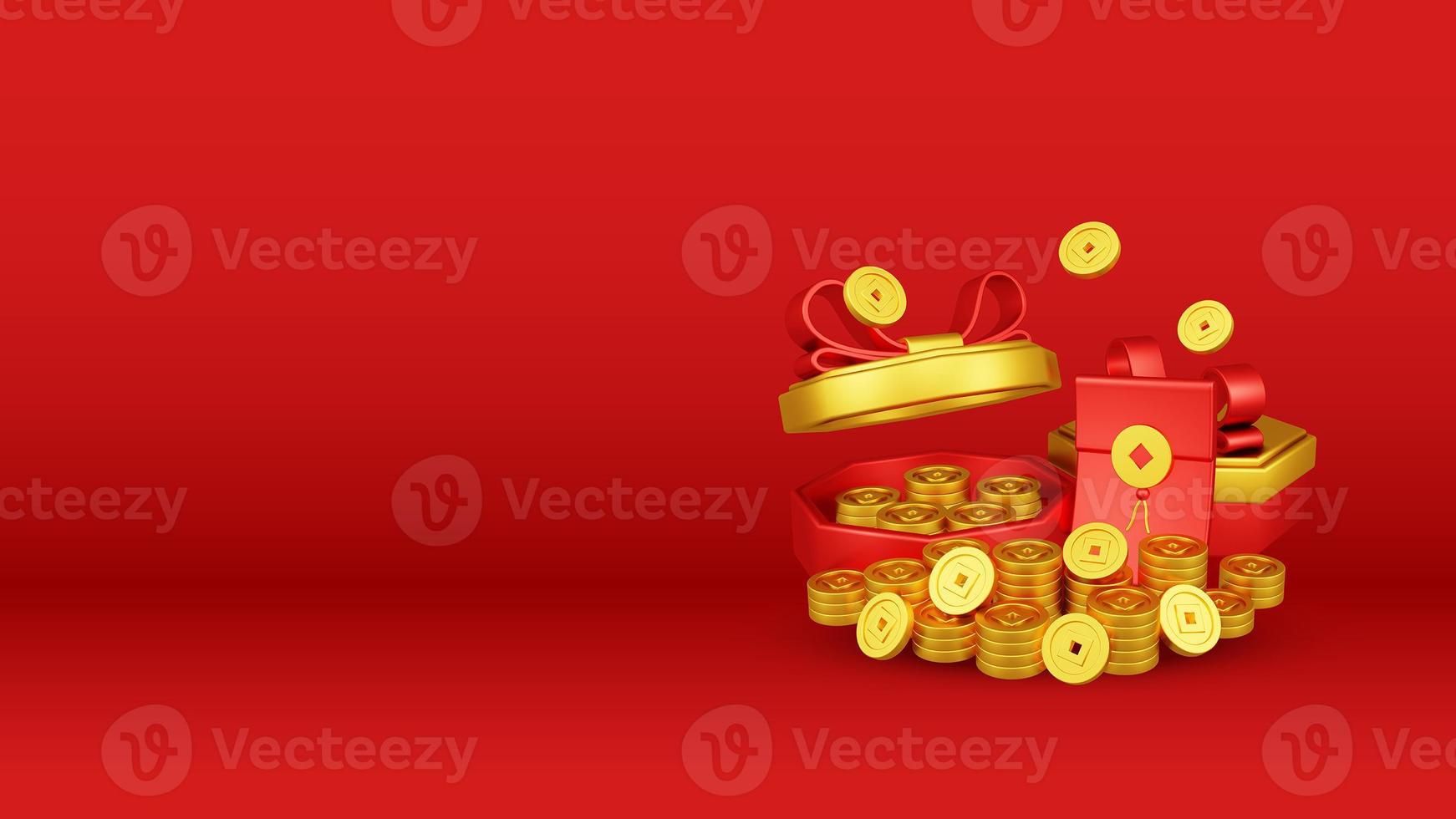 Chinese New Year 3D Illustration With Ornament For Event Promotion Social Media Landing Page with red envelope and gift box coins for chinese new year celebration photo