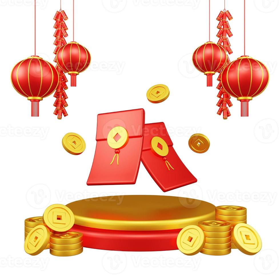 Chinese New Year 3D Illustration With Ornament For Event Promotion Social Media Landing Page lucky money with podium and red lanterns and coins for chinese new year celebration photo