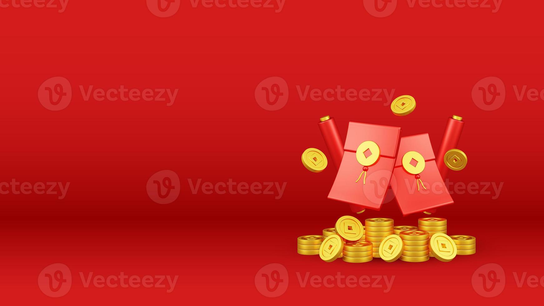 Chinese New Year 3D Illustration With Ornament For Event Promotion Social Media Landing Page lucky money with red lanterns and coins for chinese new year celebration for the Chinese New Year photo