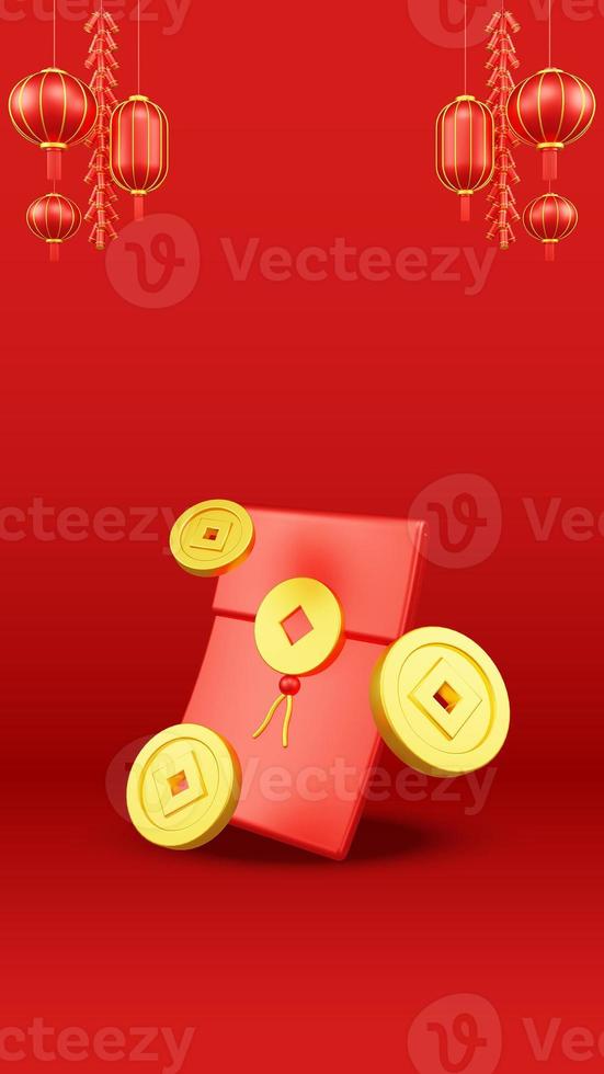 Chinese New Year 3D Illustration With Ornament For Event Promotion Social Media Landing Page with red envelope and coins for chinese new year celebration photo