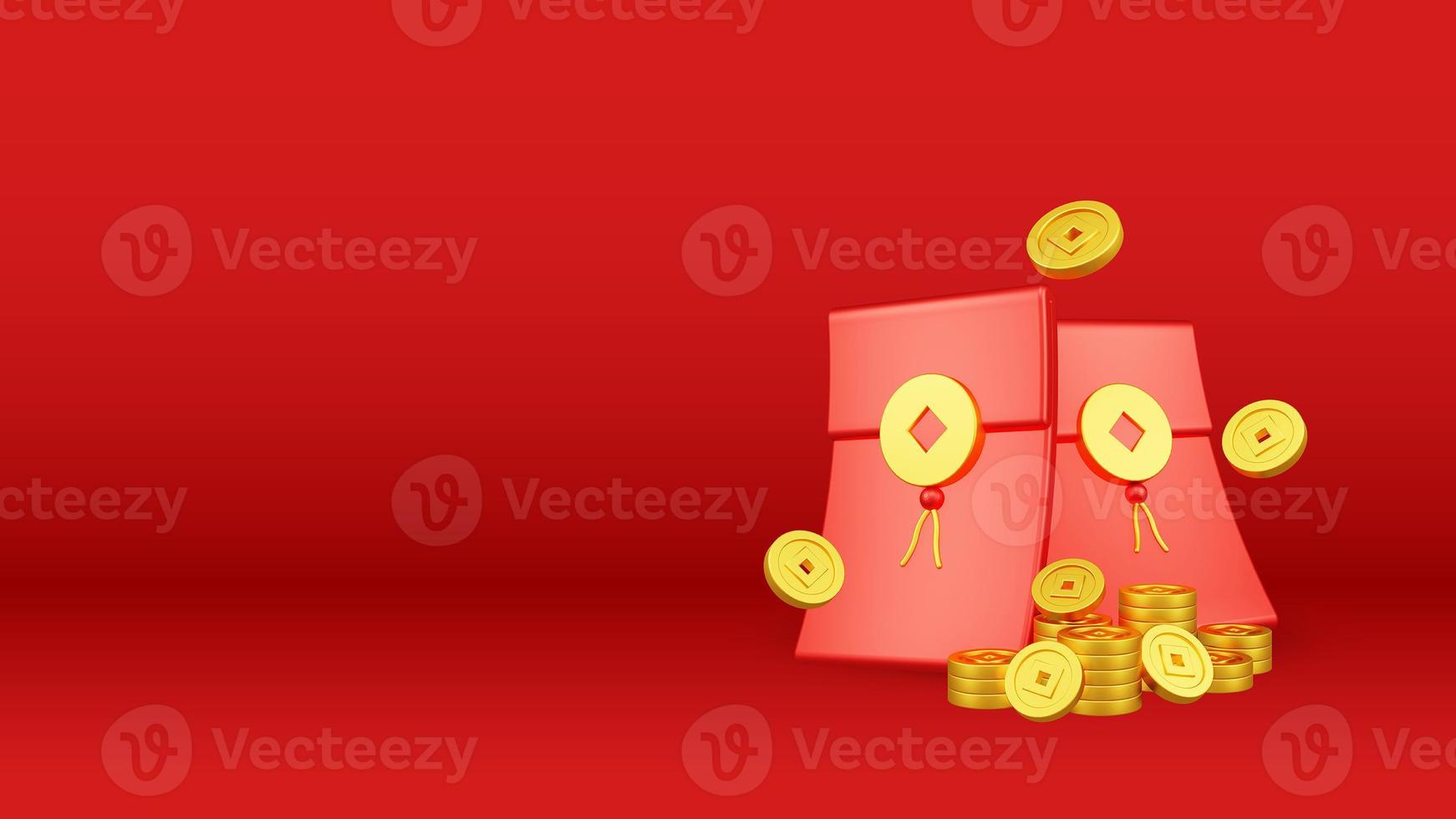 Chinese New Year 3D Illustration With Ornament For Event Promotion Social Media Landing Page with red envelope and coins for chinese new year celebration photo