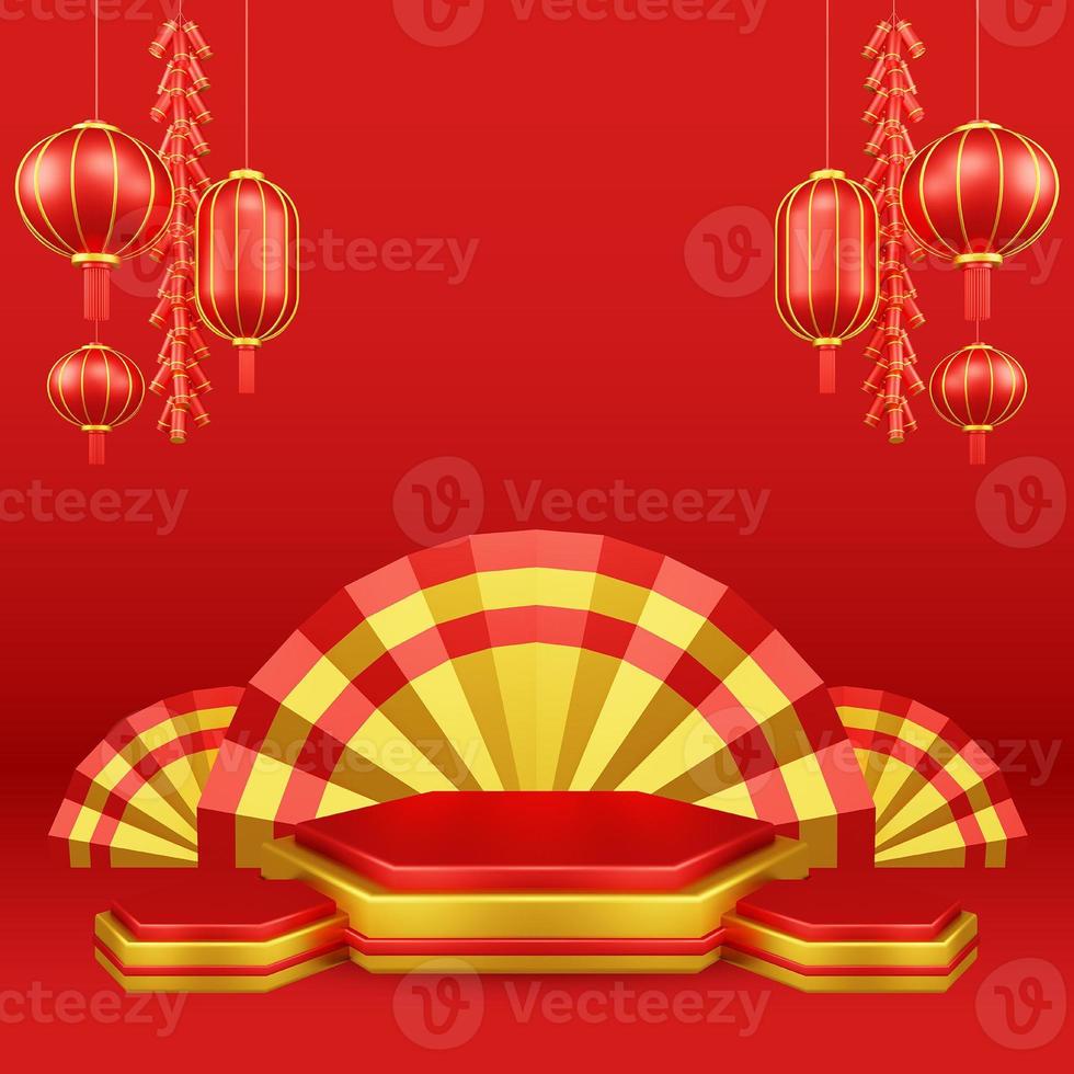 Chinese New Year 3D Illustration With Ornament For Event Promotion Social Media Landing Page chinese fan with rabbit and coins and asian paper lamps photo