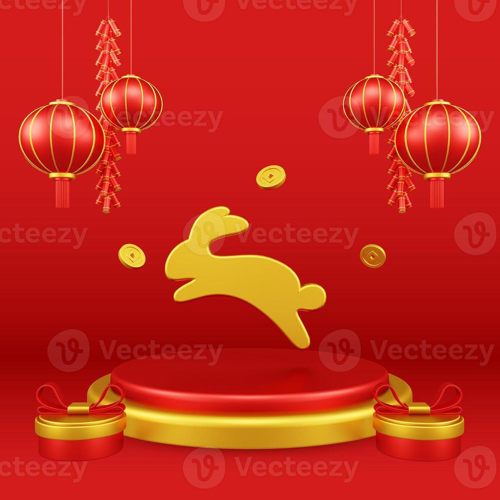 Chinese New Year 3D Illustration With Ornament For Event Promotion Social Media Landing Page with rabbit on the podium for chinese Decorations for the Chinese New Year photo