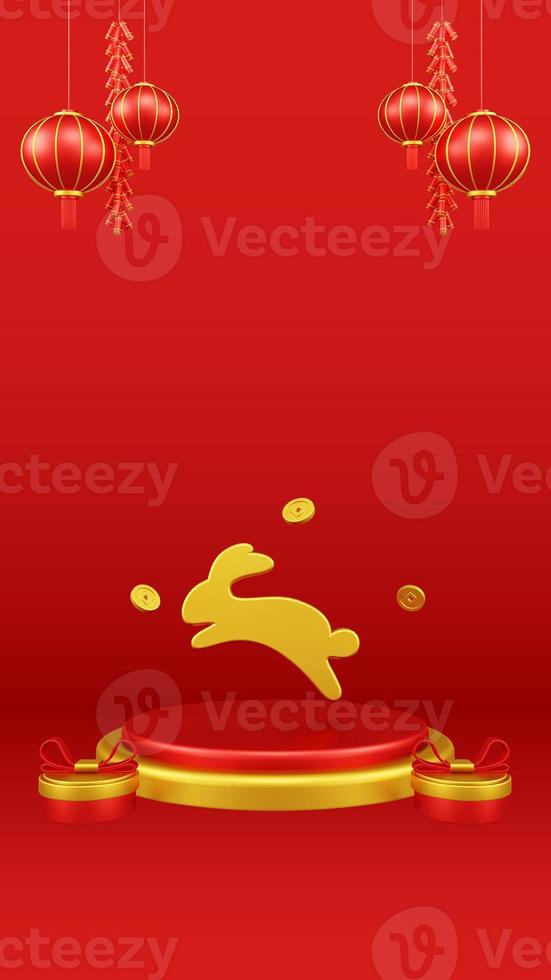 Chinese New Year 3D Illustration With Ornament For Event Promotion Social Media Landing Page with rabbit on the podium for chinese Decorations for the Chinese New Year photo