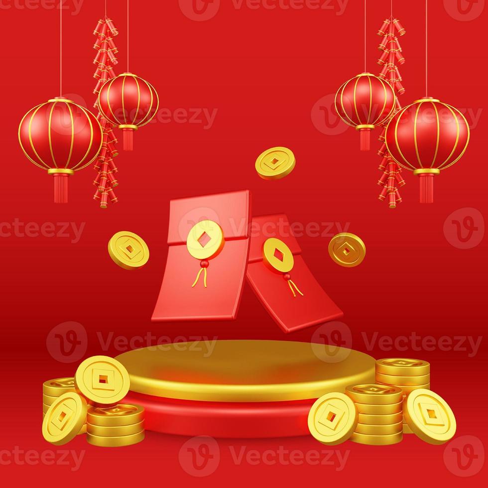 Chinese New Year 3D Illustration With Ornament For Event Promotion Social Media Landing Page lucky money with podium and red lanterns and coins for chinese new year celebration photo