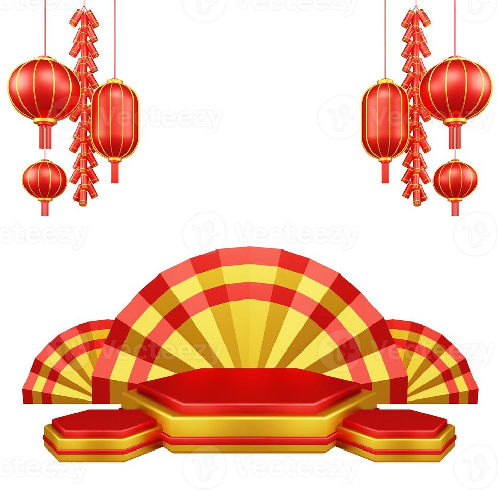 Chinese New Year 3D Illustration With Ornament For Event Promotion Social Media Landing Page chinese fan with rabbit and coins and asian paper lamps photo
