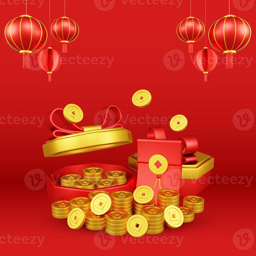 Chinese New Year 3D Illustration With Ornament For Event Promotion Social Media Landing Page with red envelope and gift box coins for chinese new year celebration photo