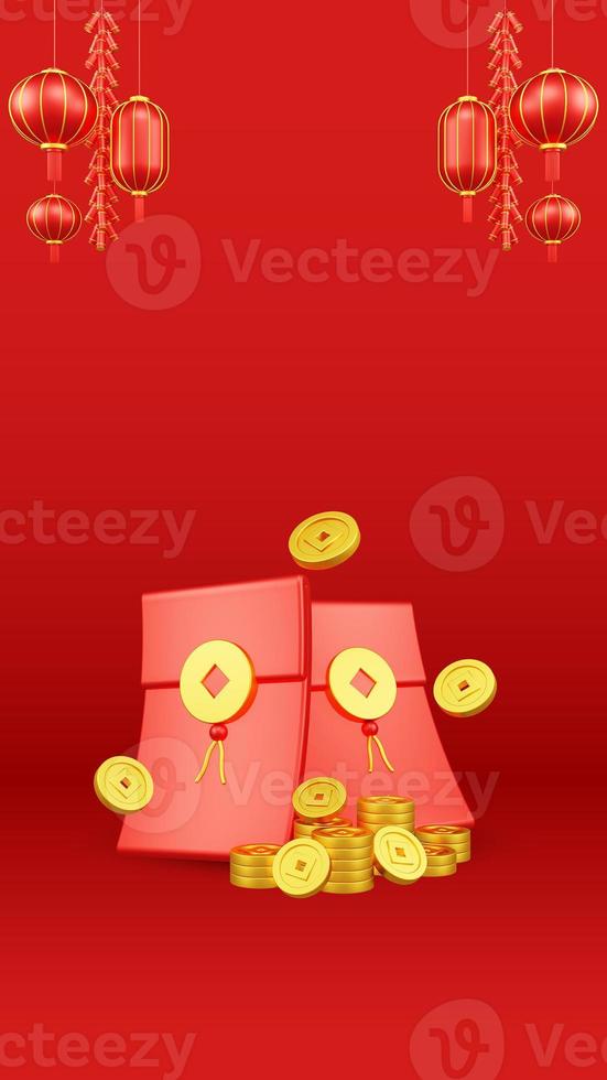 Chinese New Year 3D Illustration With Ornament For Event Promotion Social Media Landing Page with red envelope and coins for chinese new year celebration photo