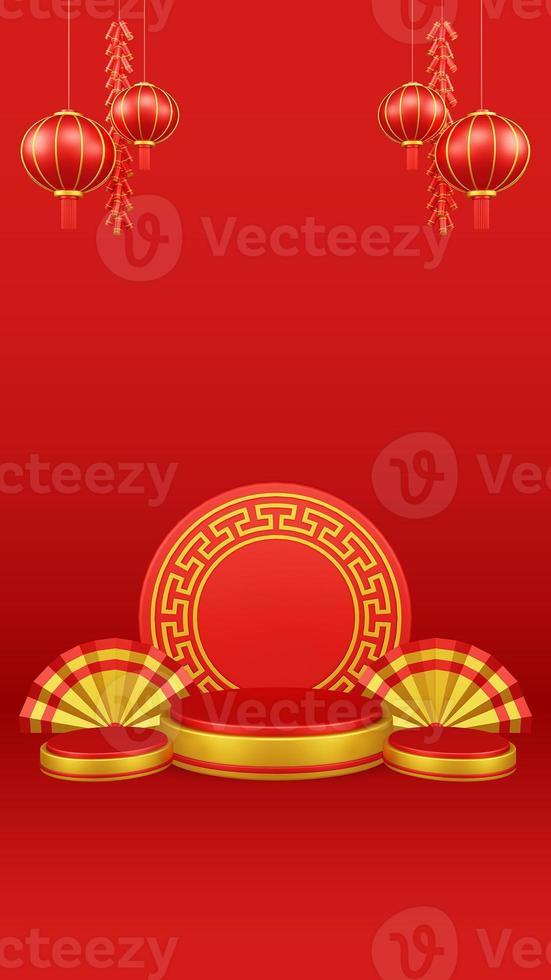 Chinese New Year 3D Illustration With Ornament For Event Promotion Social Media Landing Page chinese fan with rabbit and coins and asian paper lamps photo