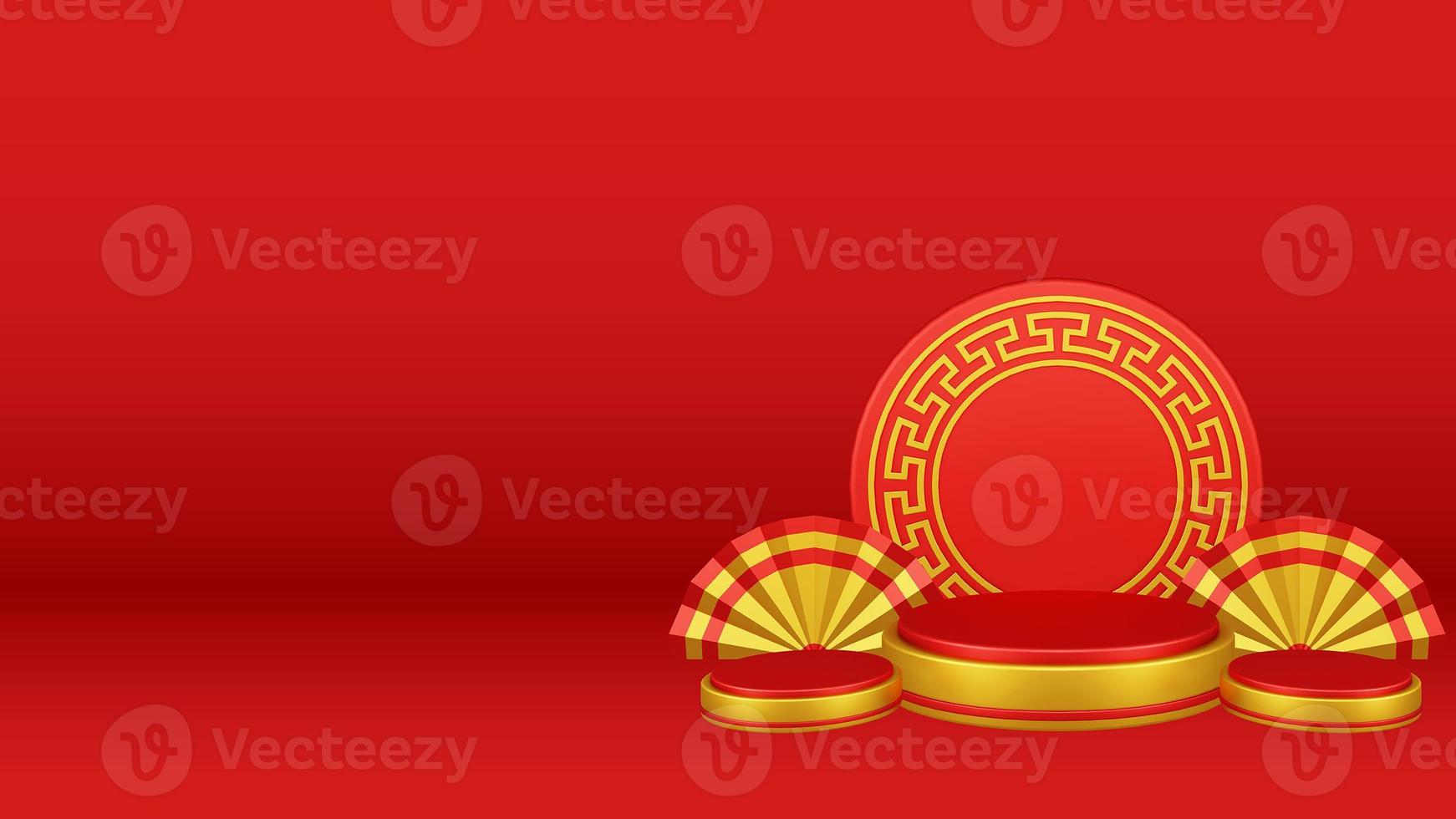 Chinese New Year 3D Illustration With Ornament For Event Promotion Social Media Landing Page chinese fan with rabbit and coins and asian paper lamps photo