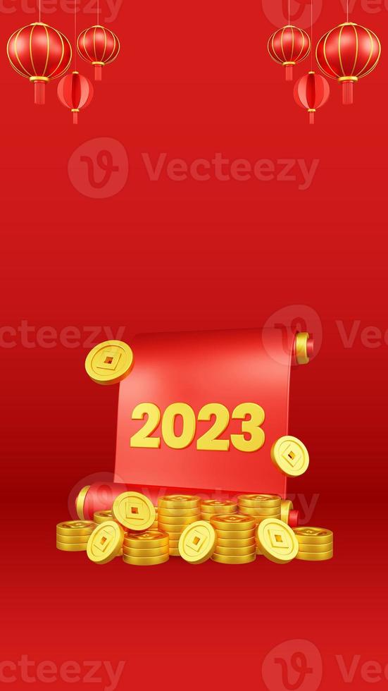 Chinese New Year 3D Illustration With Ornament For Event Promotion Social Media Landing Page red lanterns with paper scroll and coins asian paper lamps photo