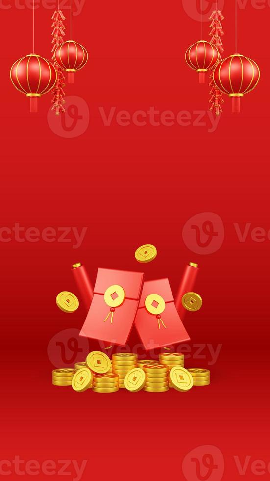 Chinese New Year 3D Illustration With Ornament For Event Promotion Social Media Landing Page lucky money with red lanterns and coins for chinese new year celebration for the Chinese New Year photo