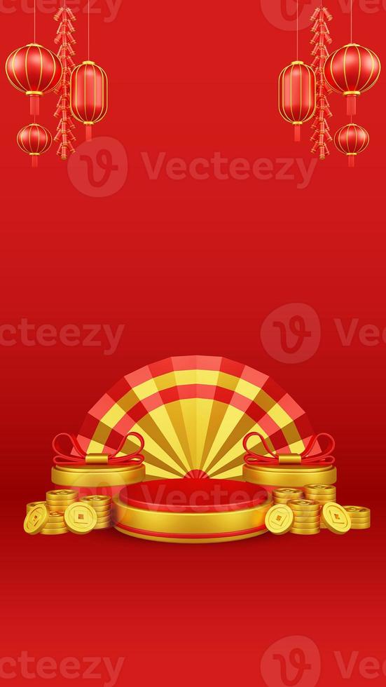 Chinese New Year 3D Illustration With Ornament For Event Promotion Social Media Landing Page chinese fan with rabbit and coins and asian paper lamps photo