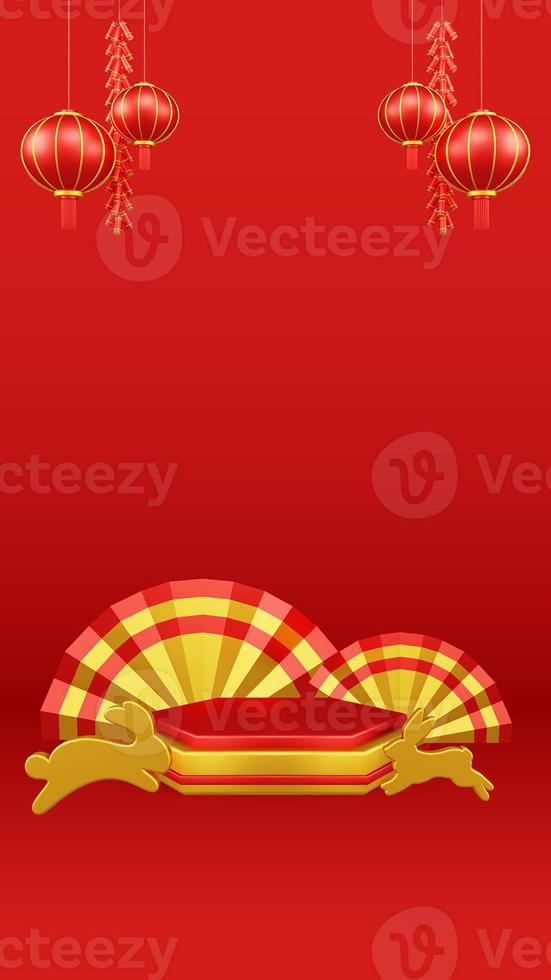 Chinese New Year 3D Illustration With Ornament For Event Promotion Social Media Landing Page chinese fan with rabbit and coins and asian paper lamps photo