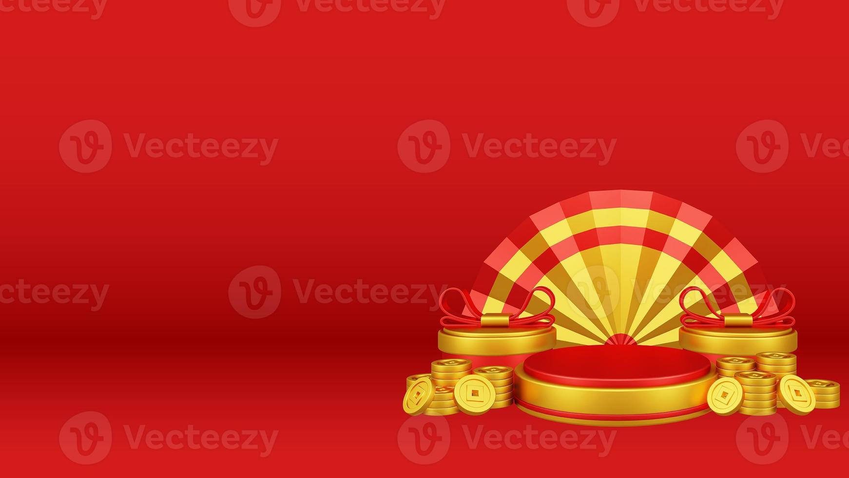 Chinese New Year 3D Illustration With Ornament For Event Promotion Social Media Landing Page chinese fan with rabbit and coins and asian paper lamps photo