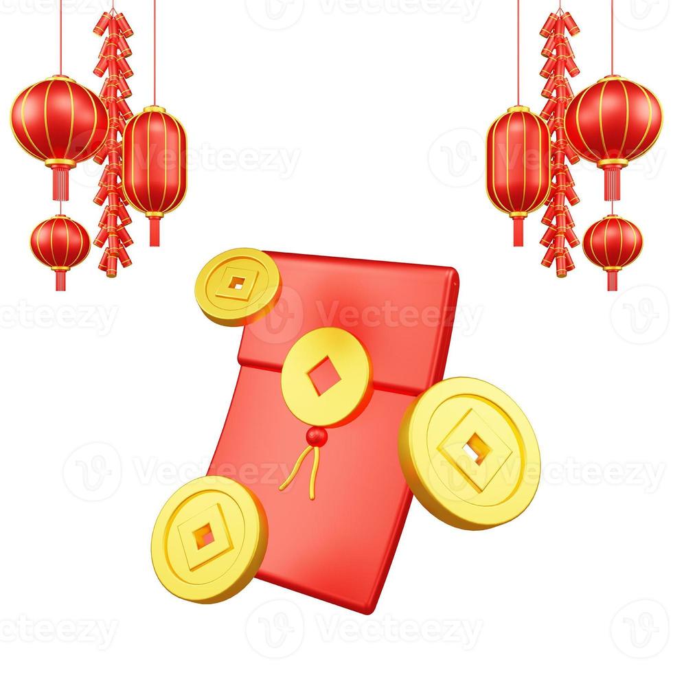 Chinese New Year 3D Illustration With Ornament For Event Promotion Social Media Landing Page with red envelope and coins for chinese new year celebration photo