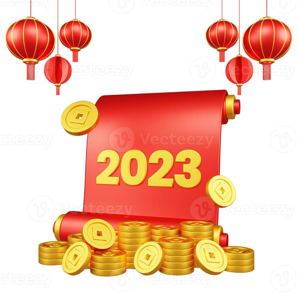 Chinese New Year 3D Illustration With Ornament For Event Promotion Social Media Landing Page red lanterns with paper scroll and coins asian paper lamps photo