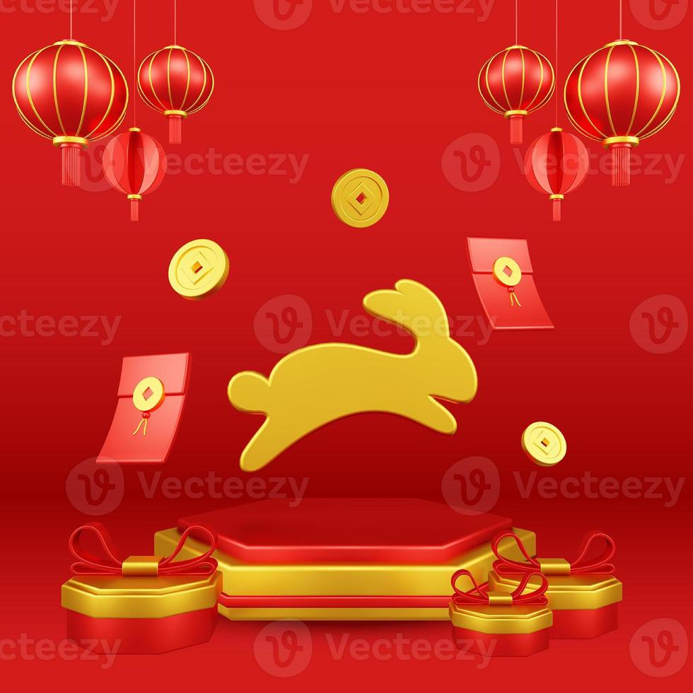 Chinese New Year 3D Illustration With Ornament For Event Promotion Social Media Landing Page with rabbit on the podium for chinese Decorations for the Chinese New Year photo