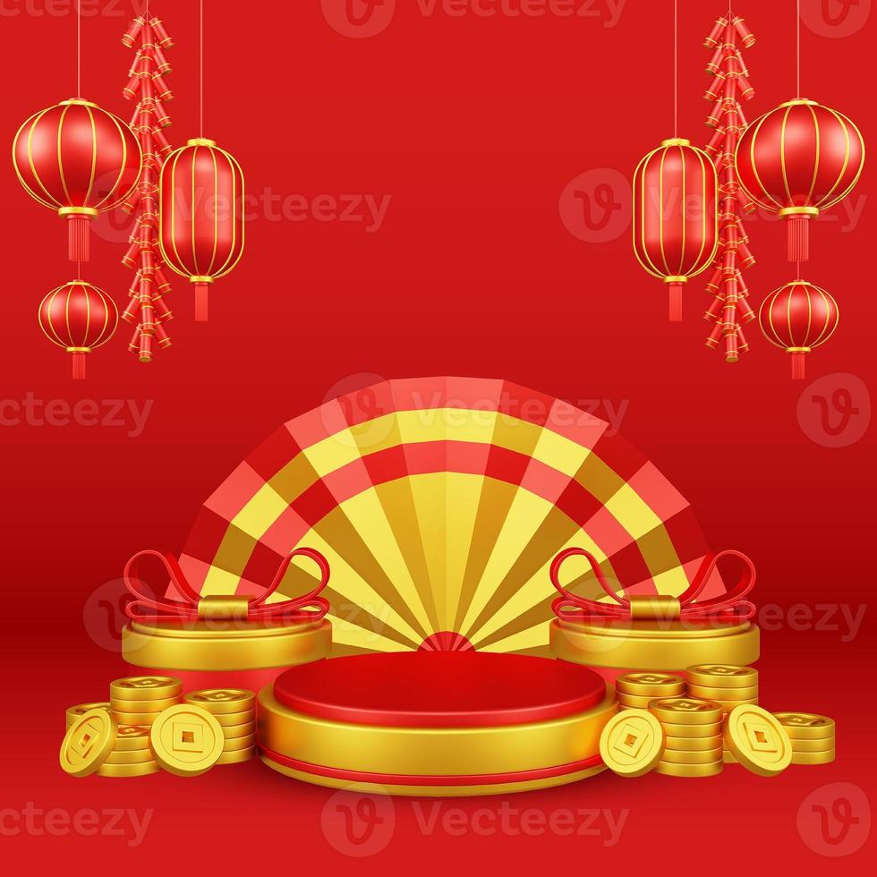 Chinese New Year 3D Illustration With Ornament For Event Promotion Social Media Landing Page chinese fan with rabbit and coins and asian paper lamps photo