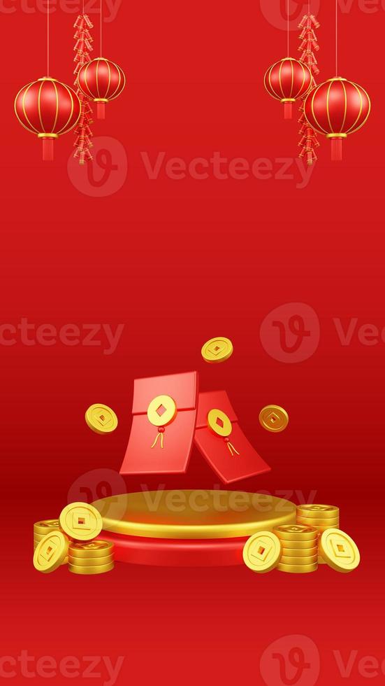 Chinese New Year 3D Illustration With Ornament For Event Promotion Social Media Landing Page lucky money with podium and red lanterns and coins for chinese new year celebration photo