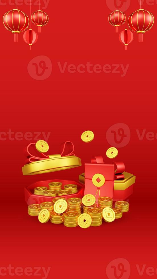 Chinese New Year 3D Illustration With Ornament For Event Promotion Social Media Landing Page with red envelope and gift box coins for chinese new year celebration photo