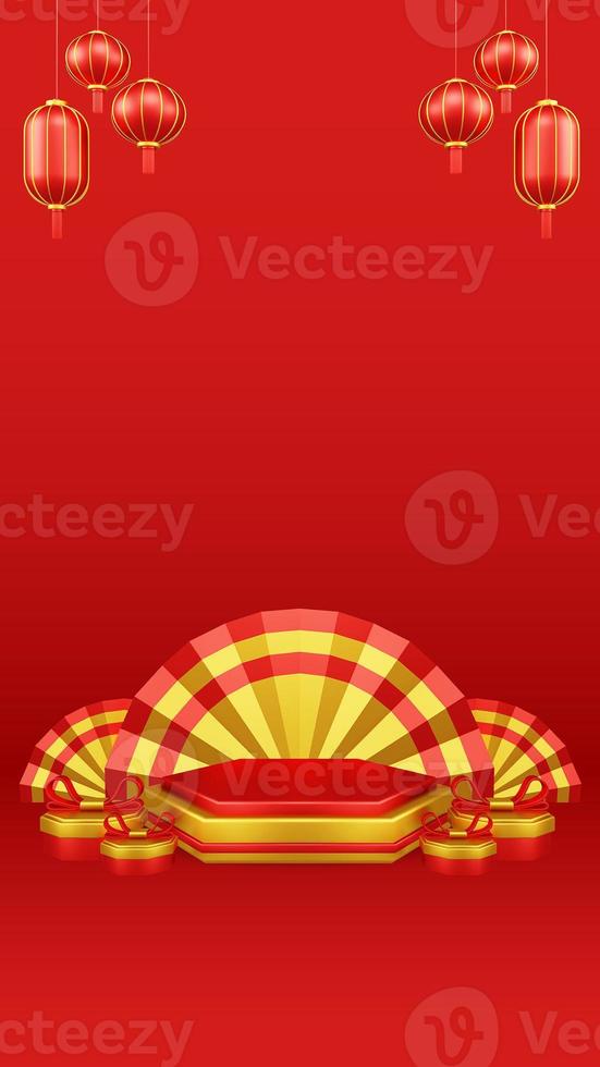 Chinese New Year 3D Illustration With Ornament For Event Promotion Social Media Landing Page chinese fan with rabbit and coins and asian paper lamps photo