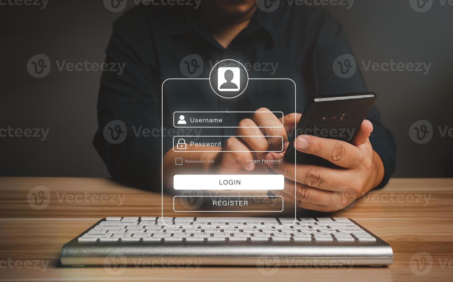 Businessman using smartphones to type user and passwords for login financial applications,  identification information security, and encryption, Concept of Cyber security for internet access photo