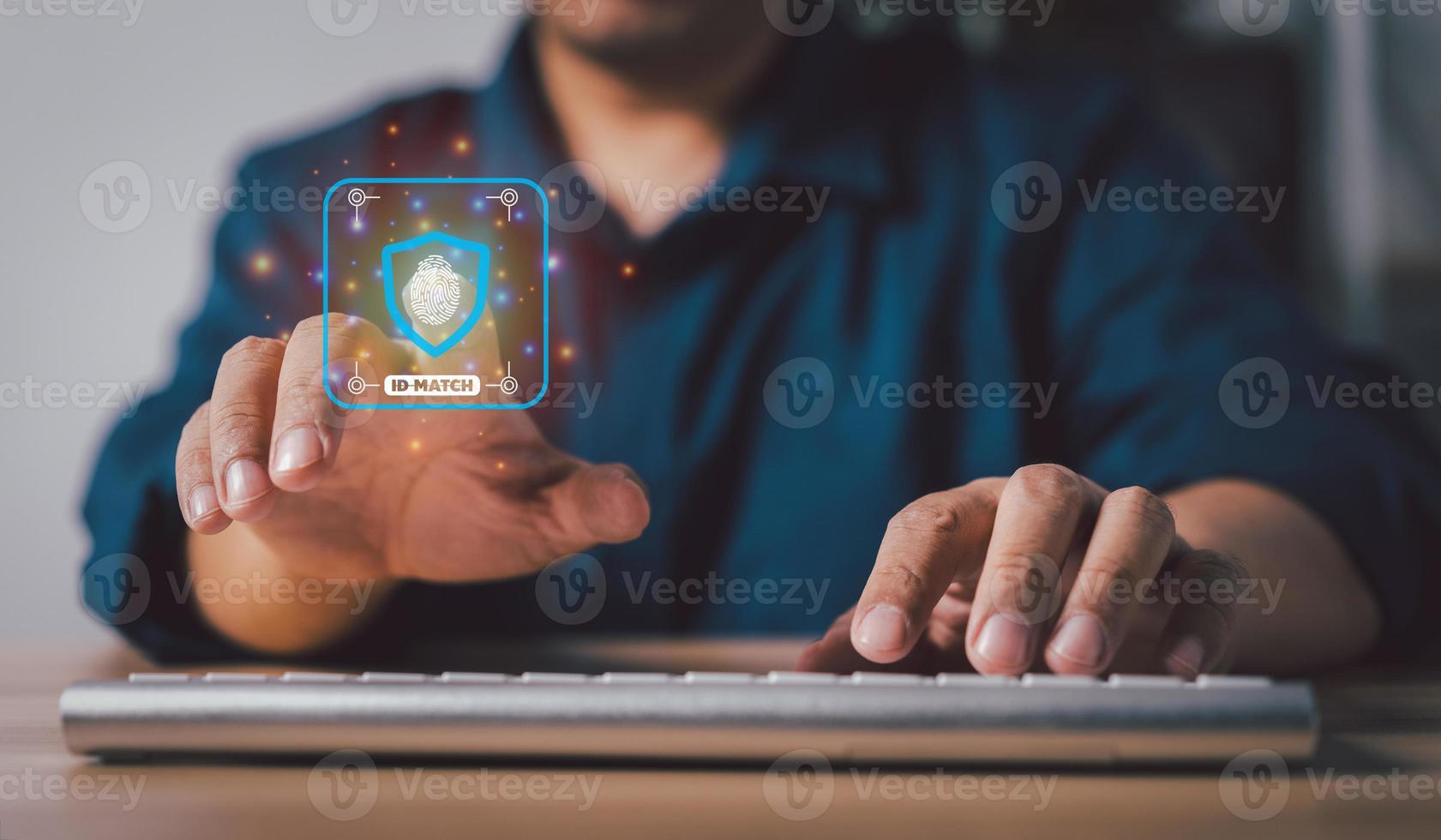 Businessman touching Virtual Panel For Fingerprint Scanning for unlock network connections before assigning bank accounts, credit card, and confidential data. Cyber security biometric authentication photo