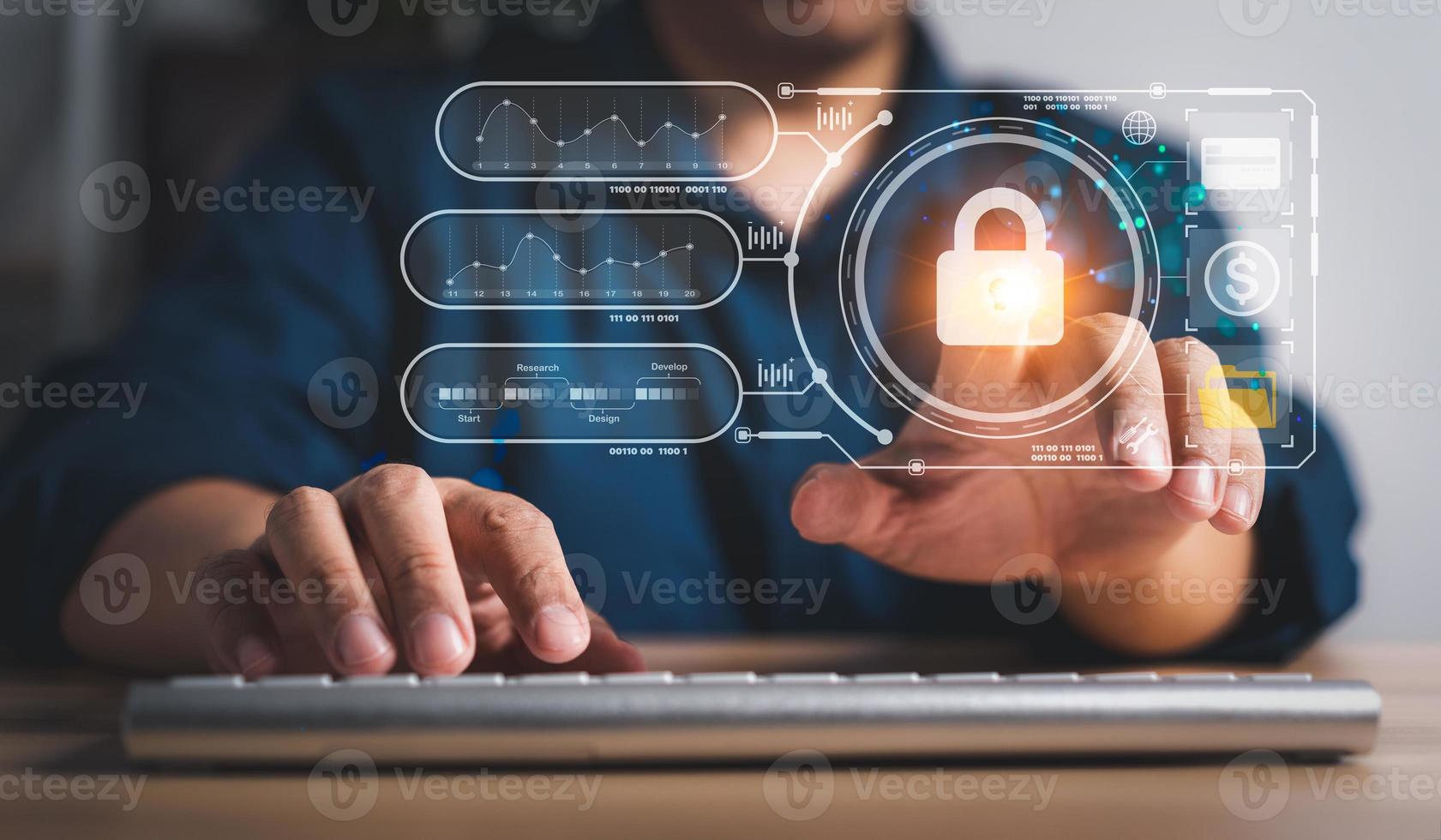 Businessman touch a virtual screen to unlock and access information and document, Protection network security computer and safe data, cybersecurity concept, user privacy security and encryption photo