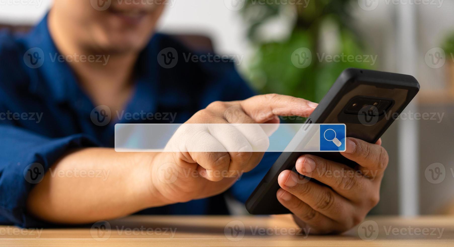 Businessman using a smartphone for searching information on the internet, searching browsing internet bar, Concept of Searching Browsing Internet Data Information Networking photo