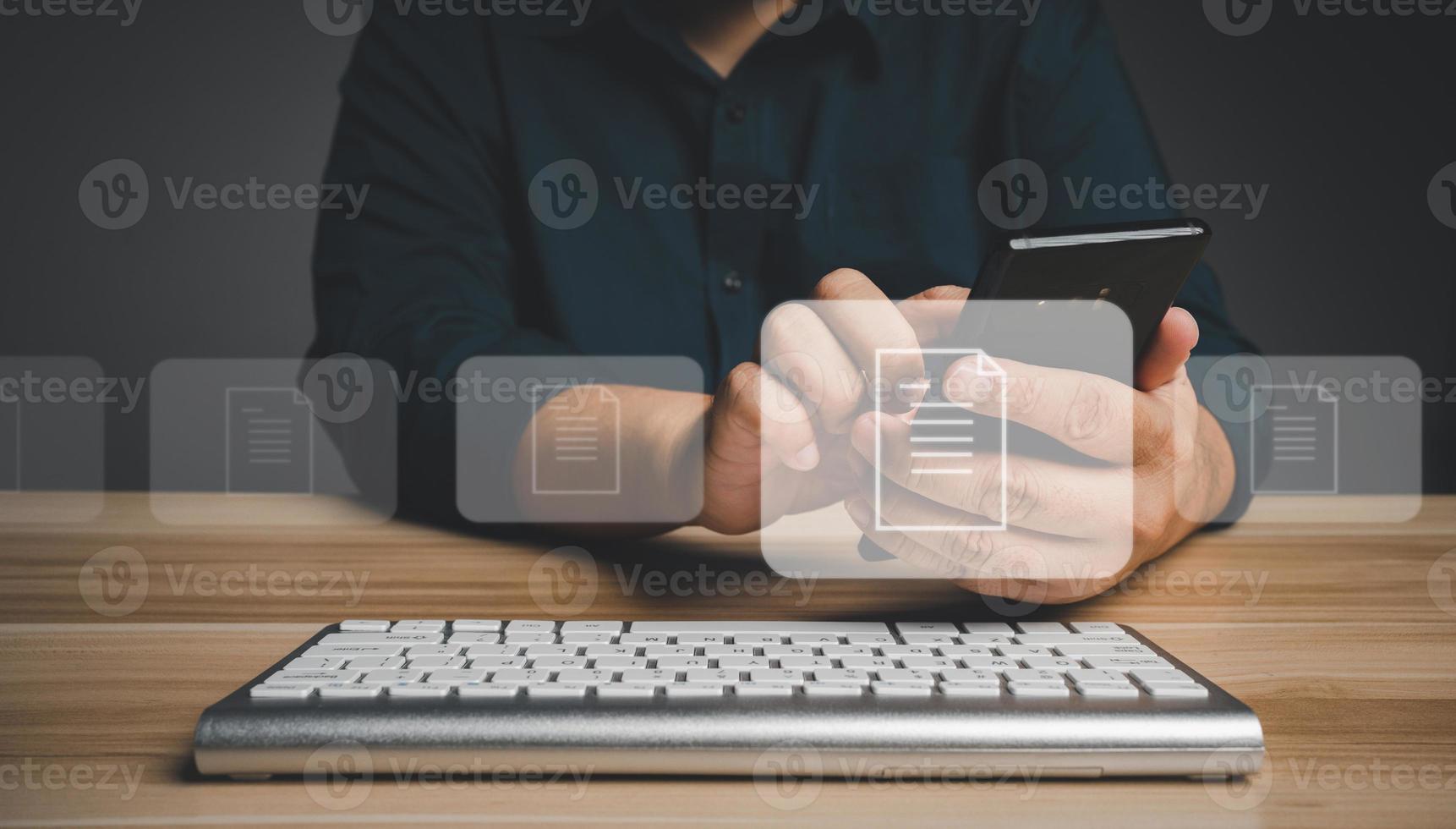 Businessman working on a smartphone of Document Management System DMS. Software for archiving, searching, and managing corporate files and information, documentation in enterprise with ERP. photo