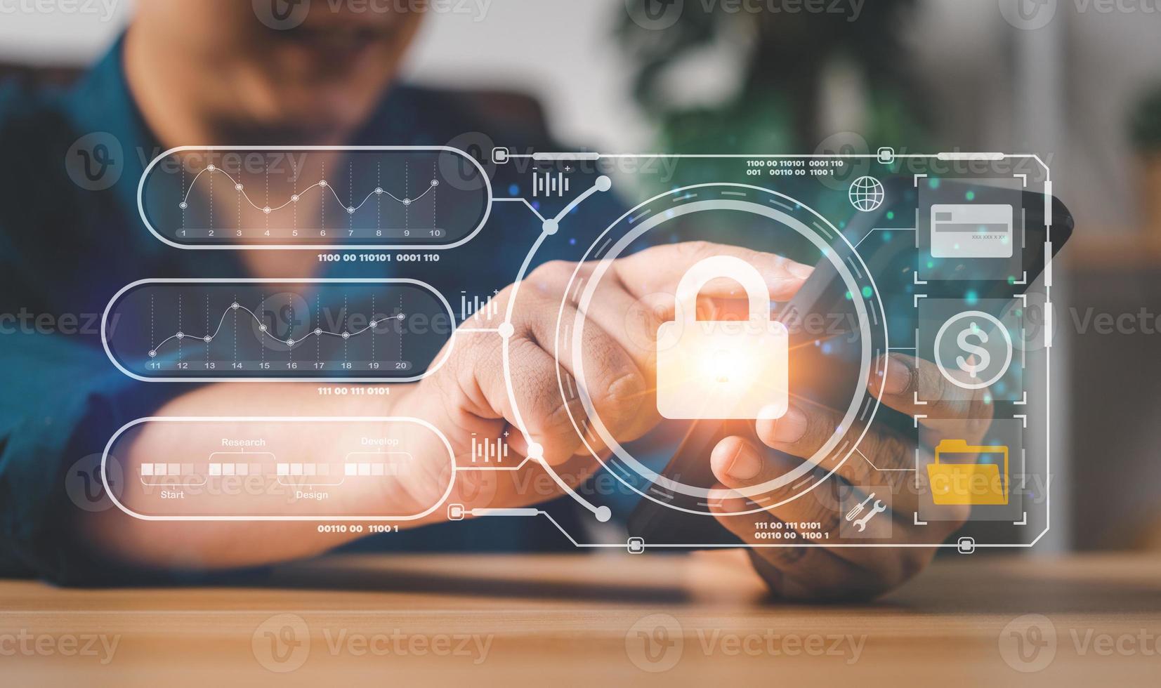 Businessman touch a virtual screen to unlock and access information and document, Protection network security computer and safe data, cybersecurity concept, user privacy security and encryption photo