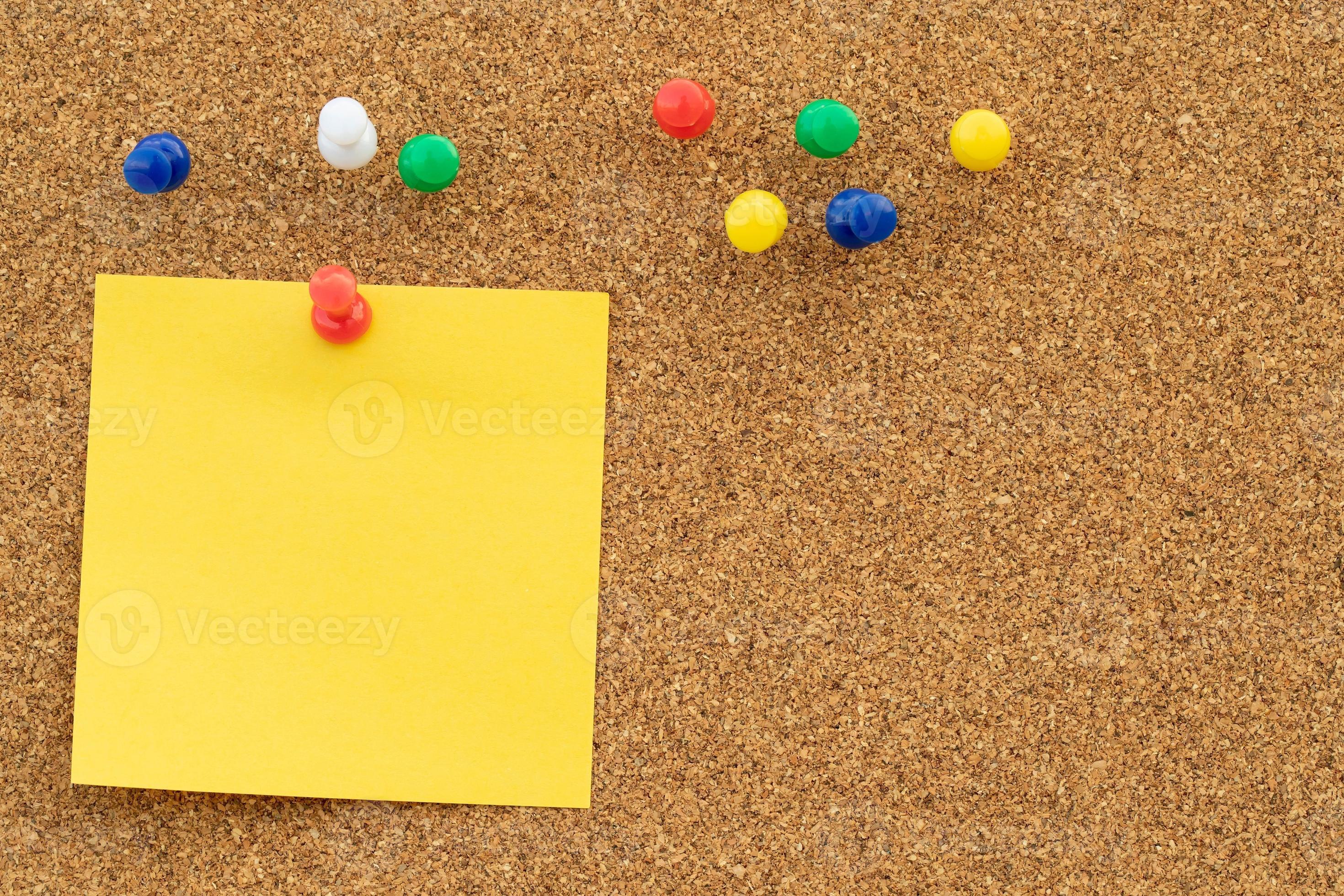 collection of colorful variety post it. paper note reminder sticky notes  pin on cork bulletin board Note reminder. empty space for text. Stock Photo