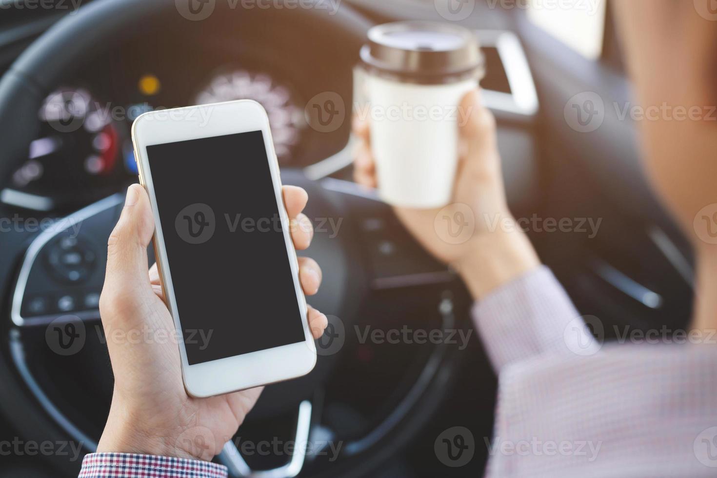 people person drinking paper cup coffee of hot holding hand in a car in the morning not sleepy be energetic while driving. transportation and vehicle concept. empty copy space for text. photo