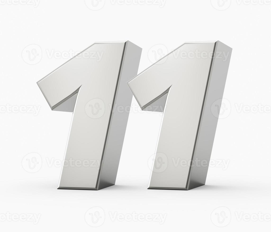 Silver 3d numbers 11 Eleven. Isolated white background 3d illustration photo