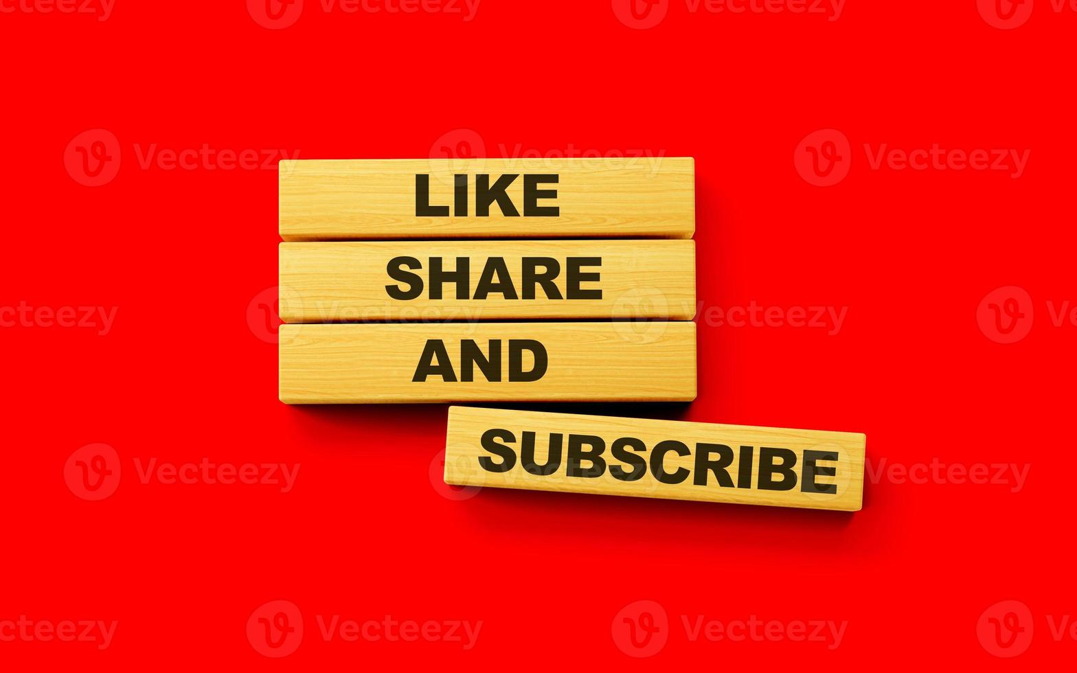 Wooden blocks Button Channel. Like, Comment, Share, and Subscribe 3d illustration photo