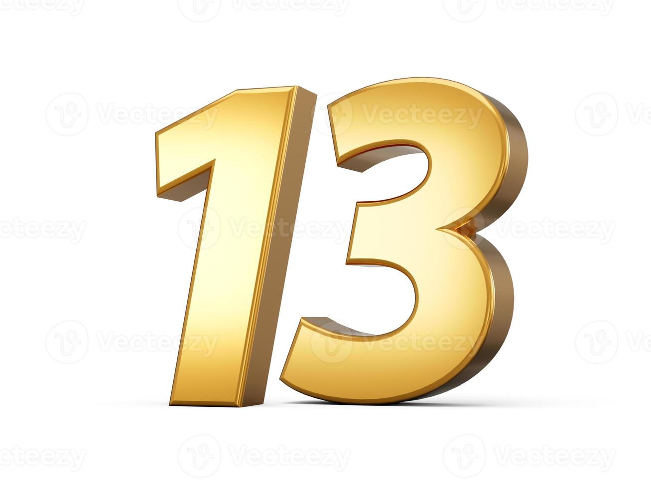 Golden metallic Number 13 Thirteen, White background 3d illustration