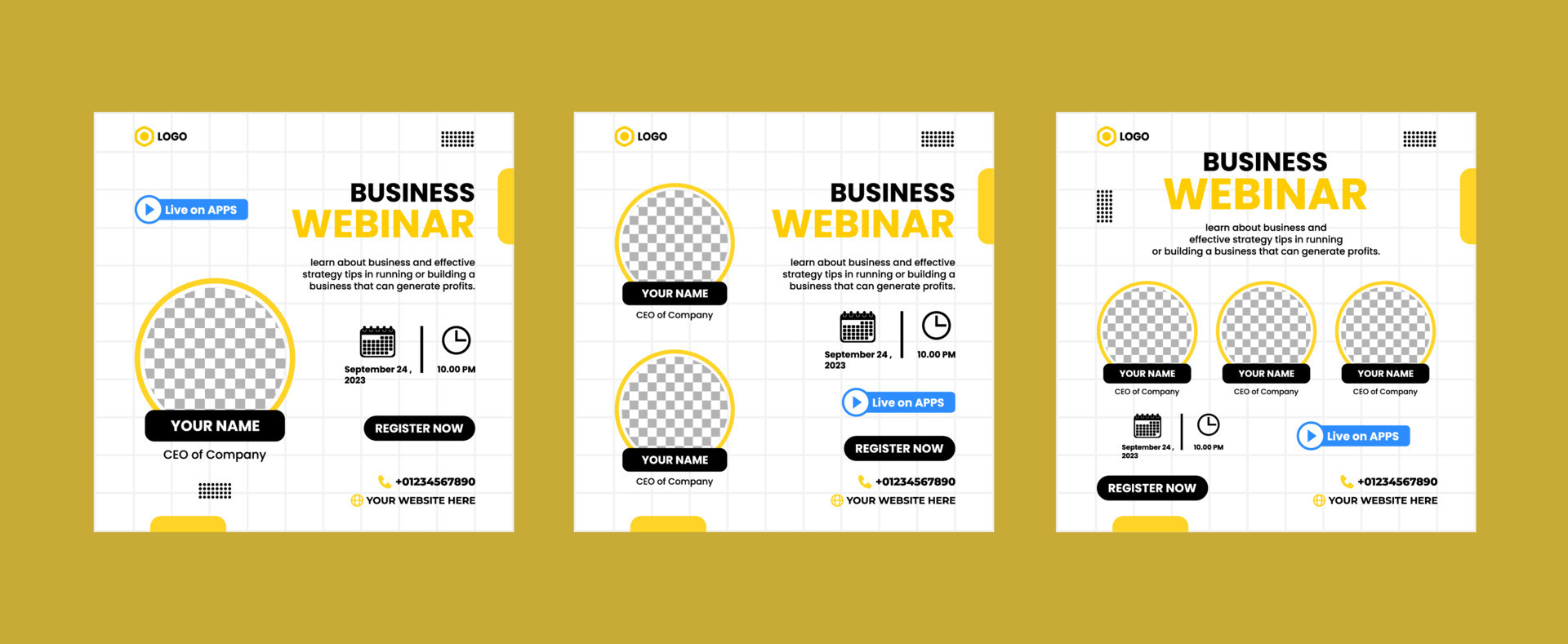 Set of business webinar social media post template. Live webinar