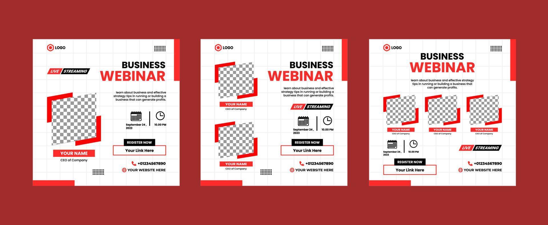 Set of business webinar social media post template. Live webinar invitation design. vector