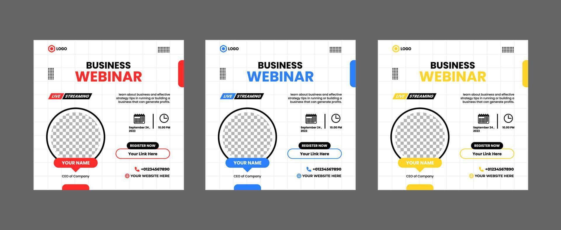 Set of business webinar social media post template. Live webinar